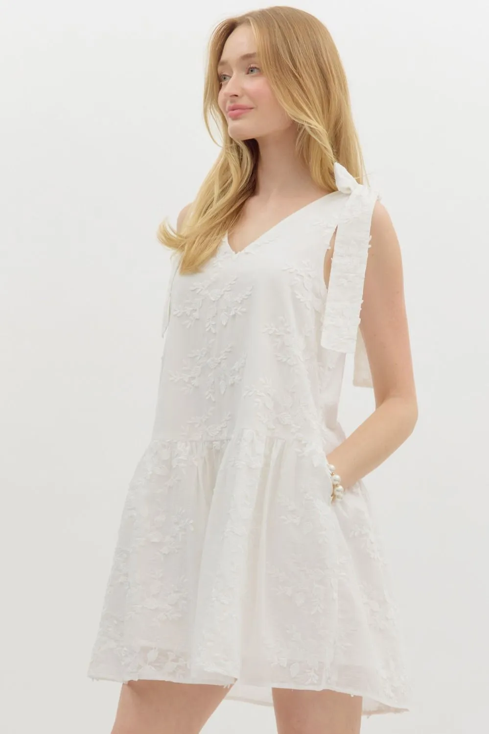Elianna Embroidered Peplum Hem Dress, Off White