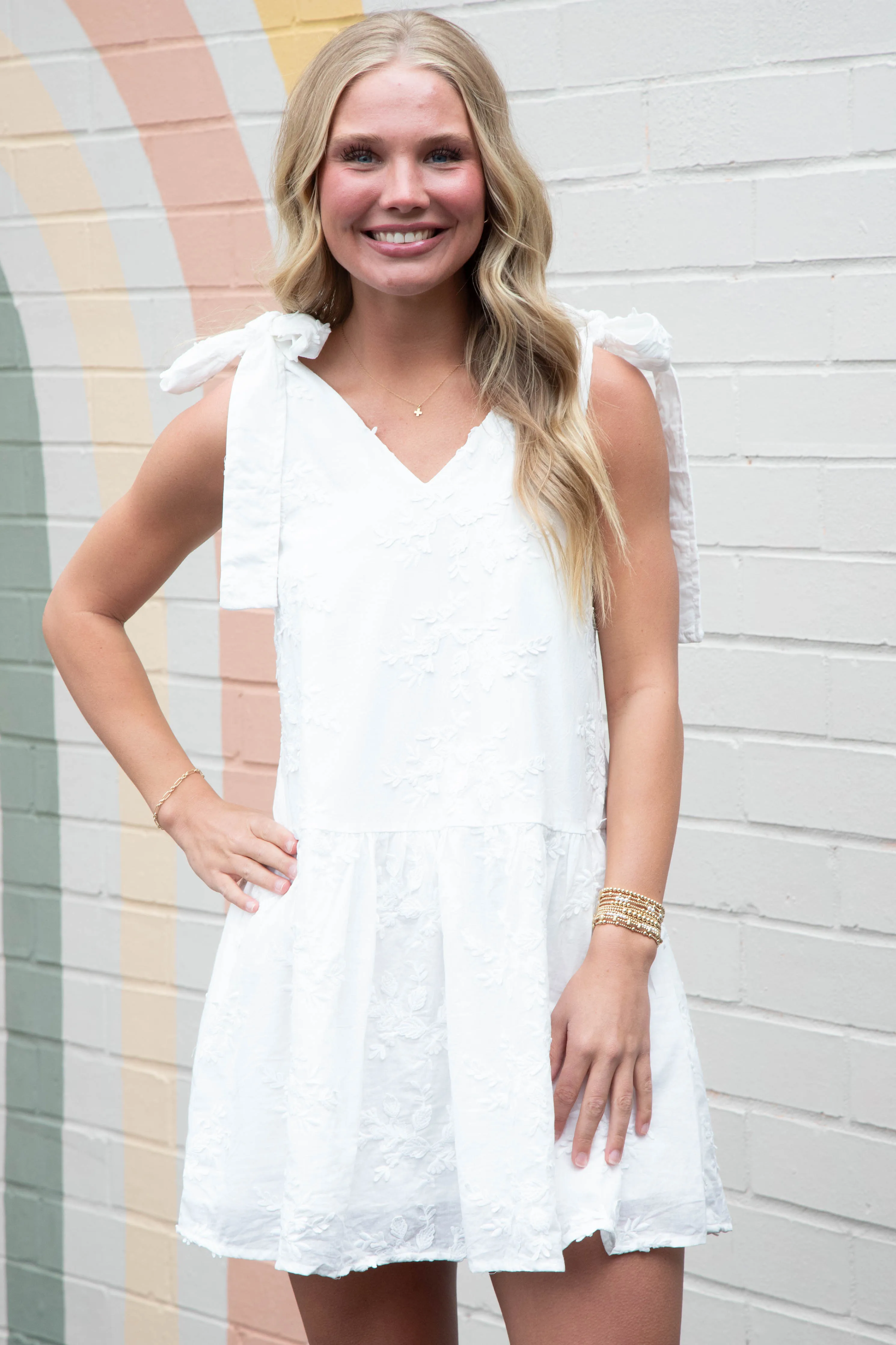 Elianna Embroidered Peplum Hem Dress, Off White