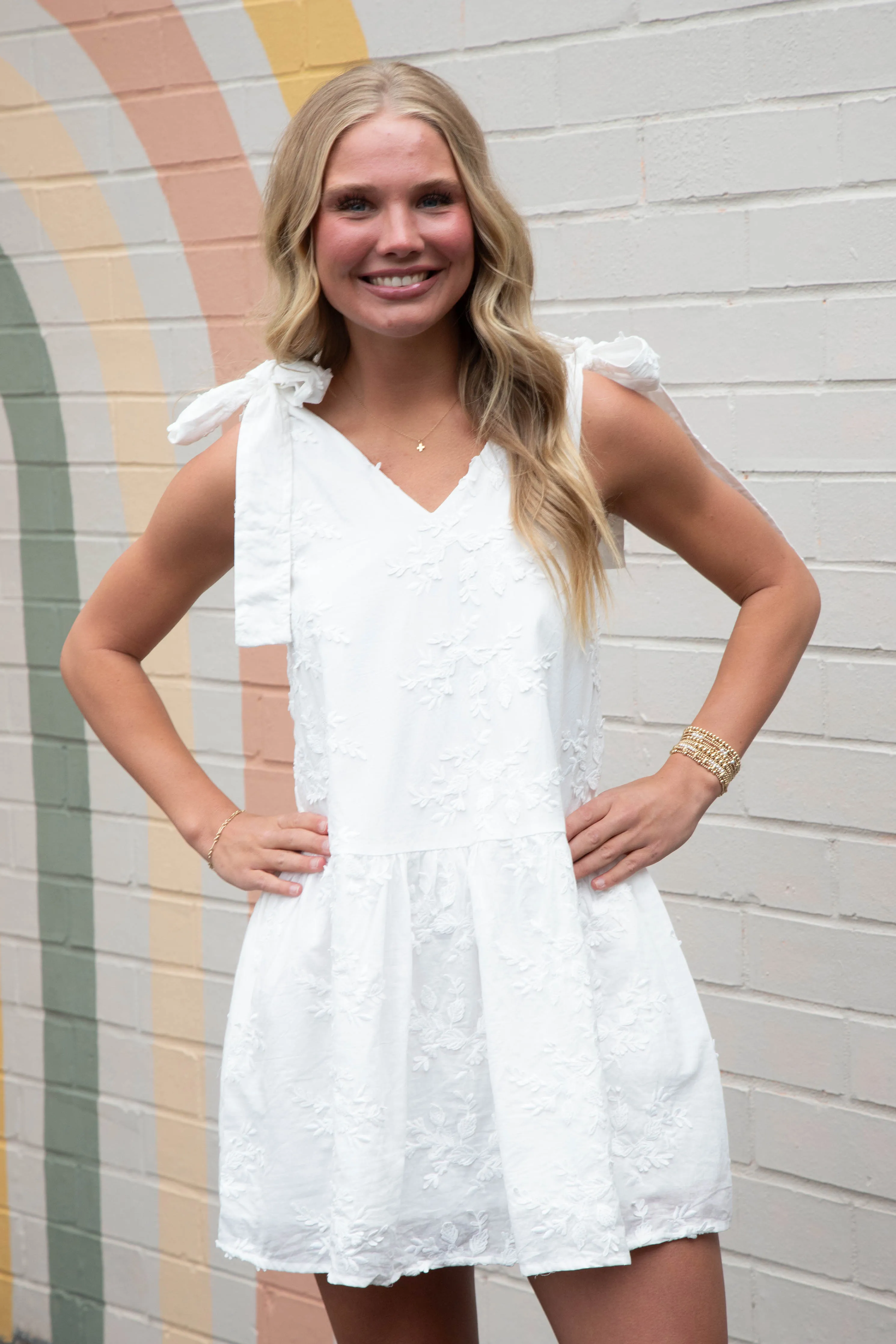 Elianna Embroidered Peplum Hem Dress, Off White