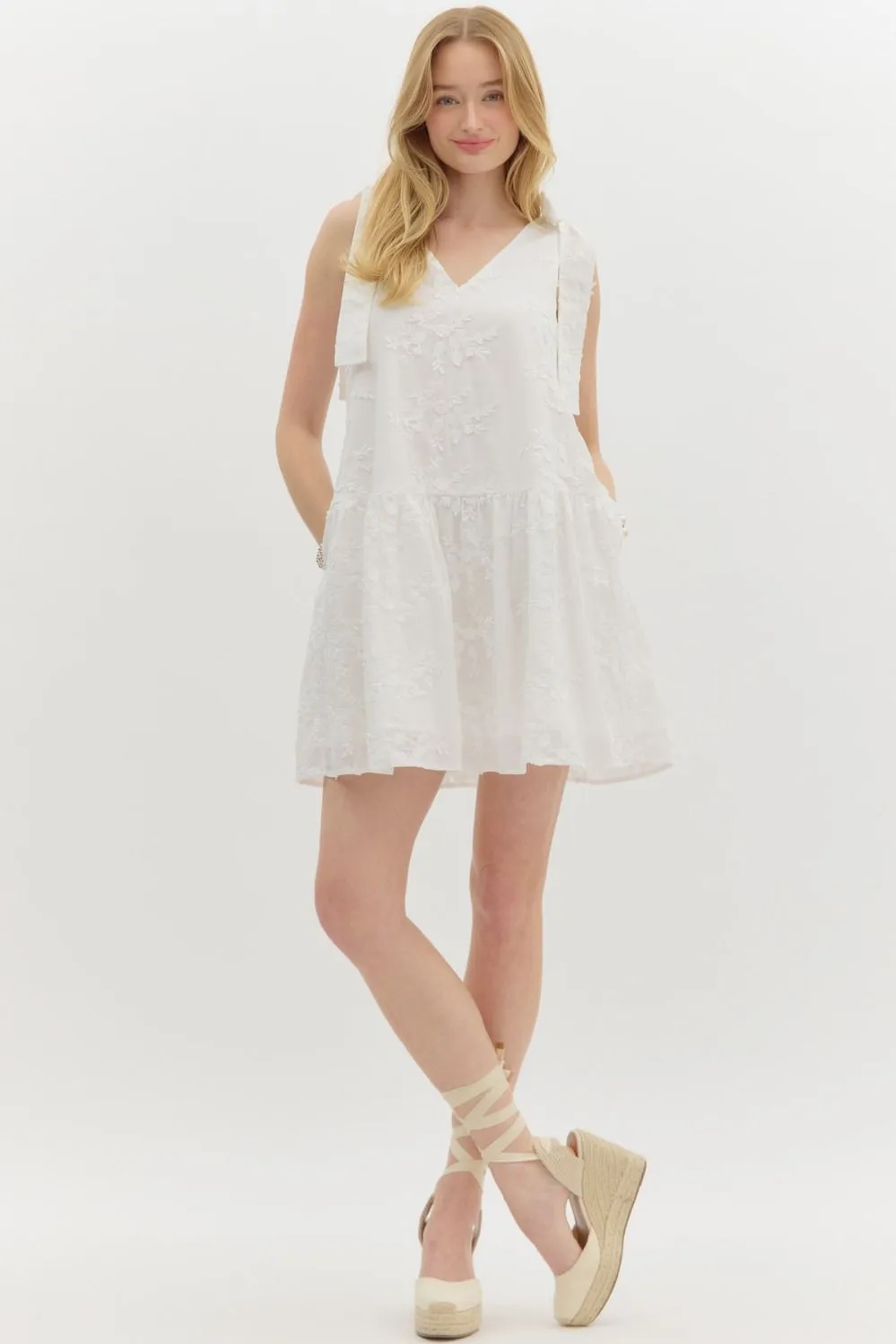 Elianna Embroidered Peplum Hem Dress, Off White