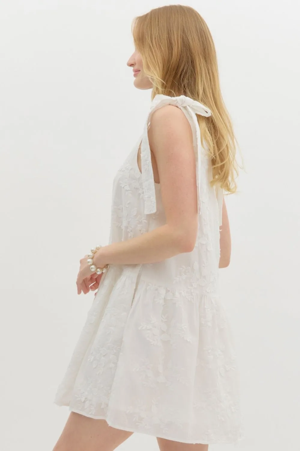 Elianna Embroidered Peplum Hem Dress, Off White