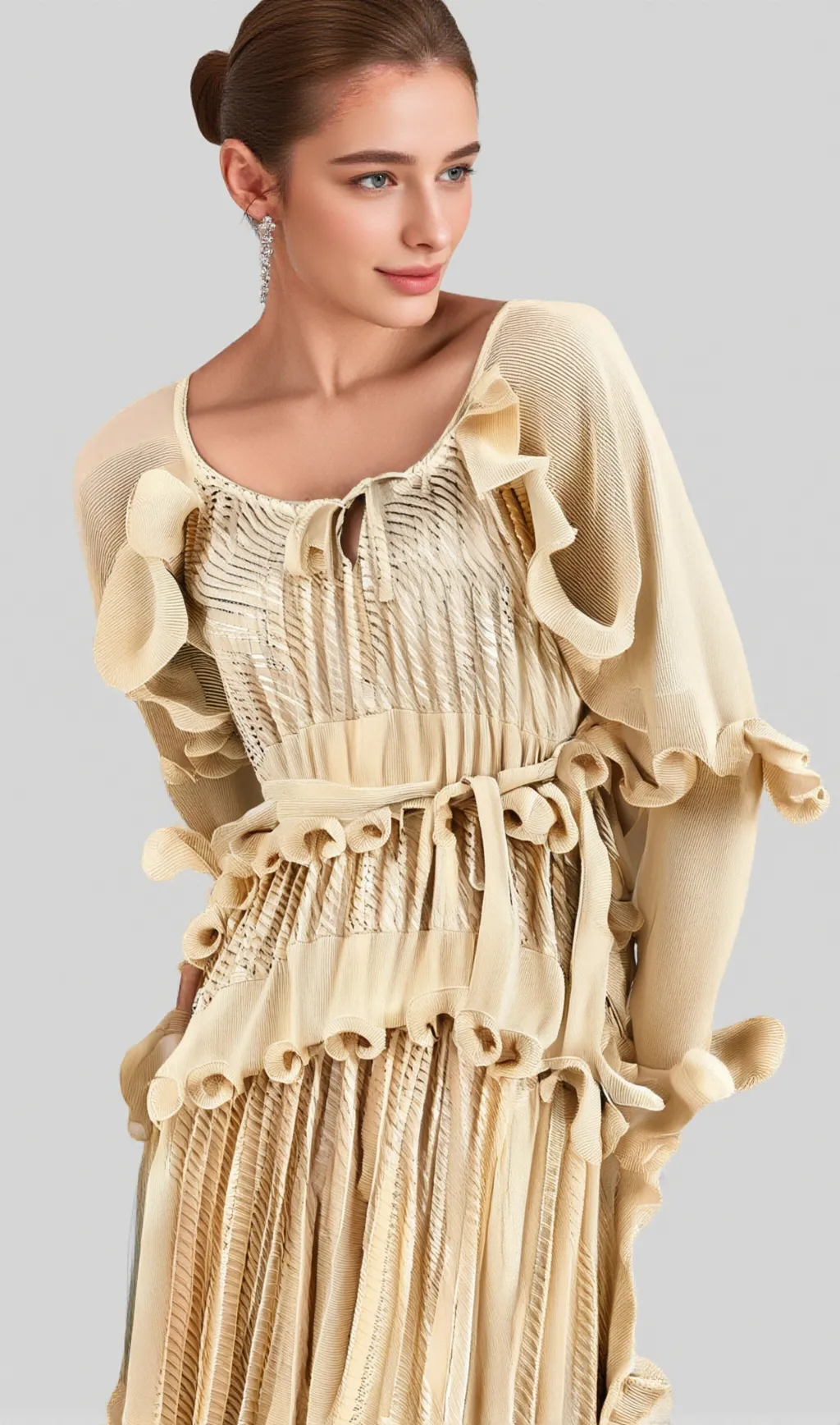Ellie neutrals gilded ruffled midi dress