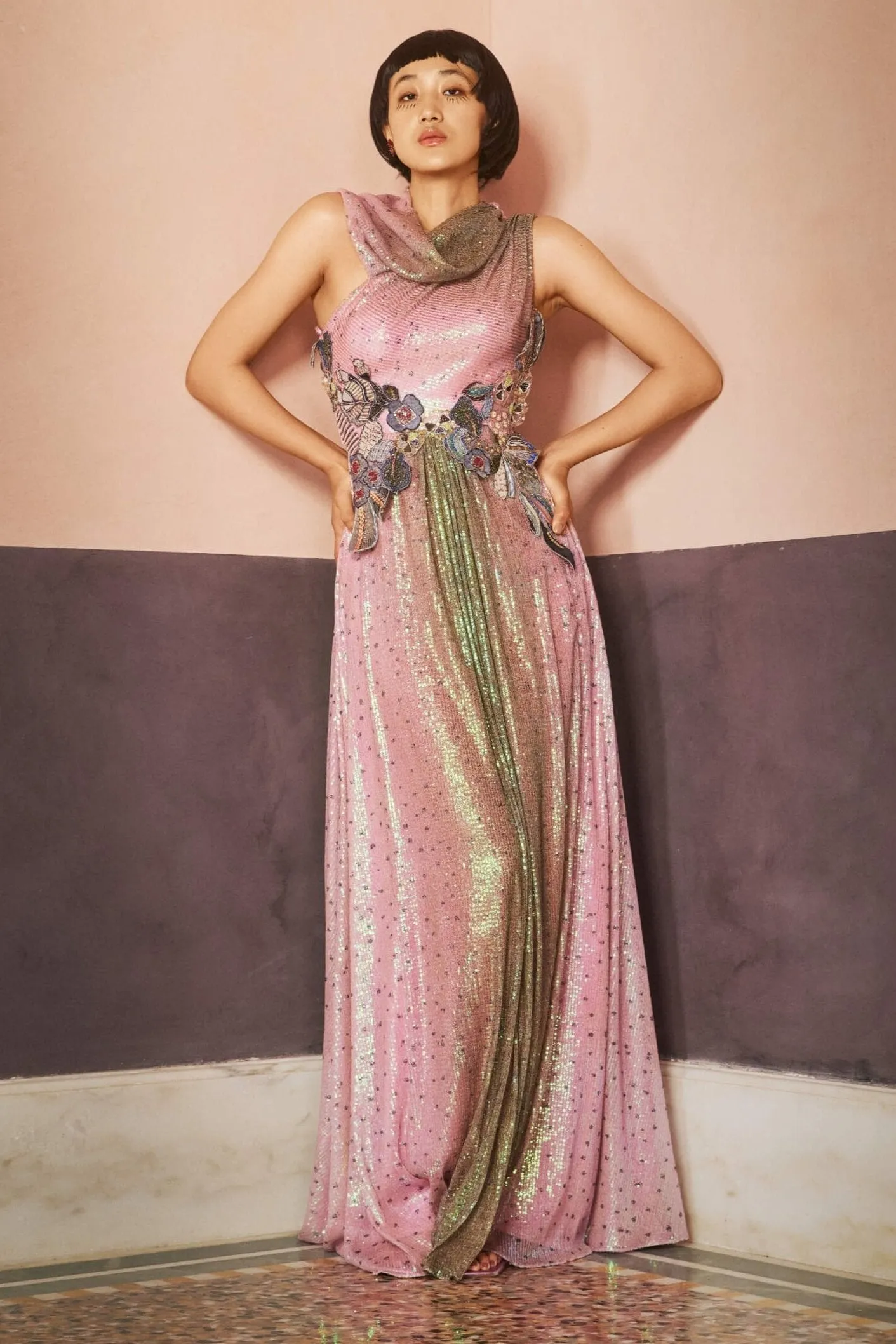 Elowra pink-green ombre gown