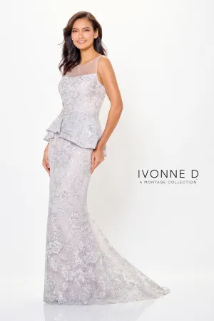 Embroidered Tulle Peplum Gown