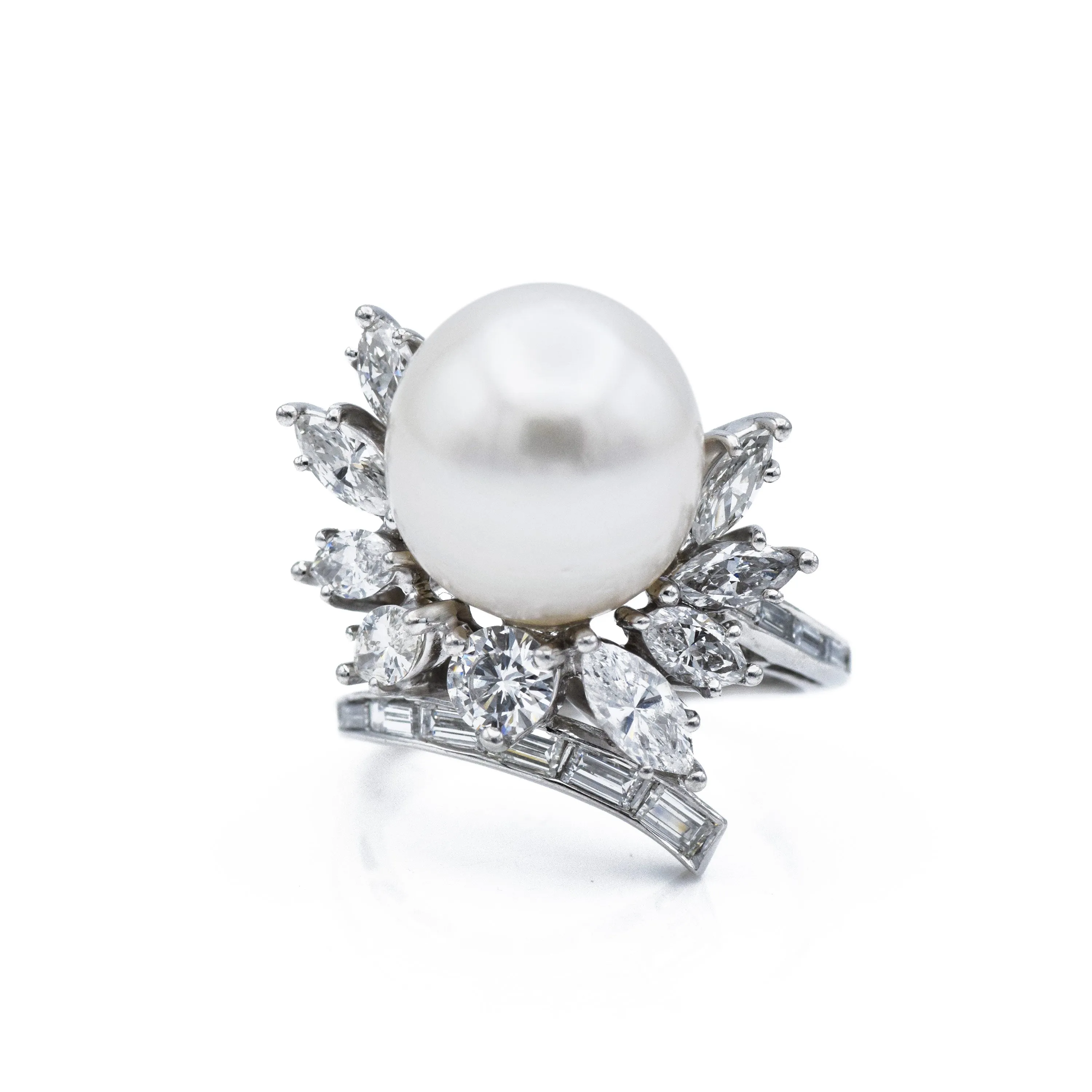 Estate Platinum 13.5mm South Sea Pearl Diamond Cocktail Ring