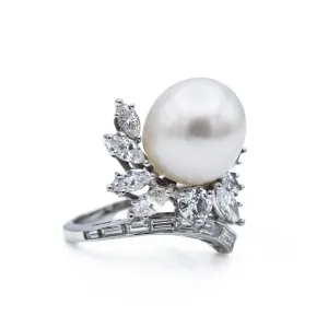 Estate Platinum 13.5mm South Sea Pearl Diamond Cocktail Ring