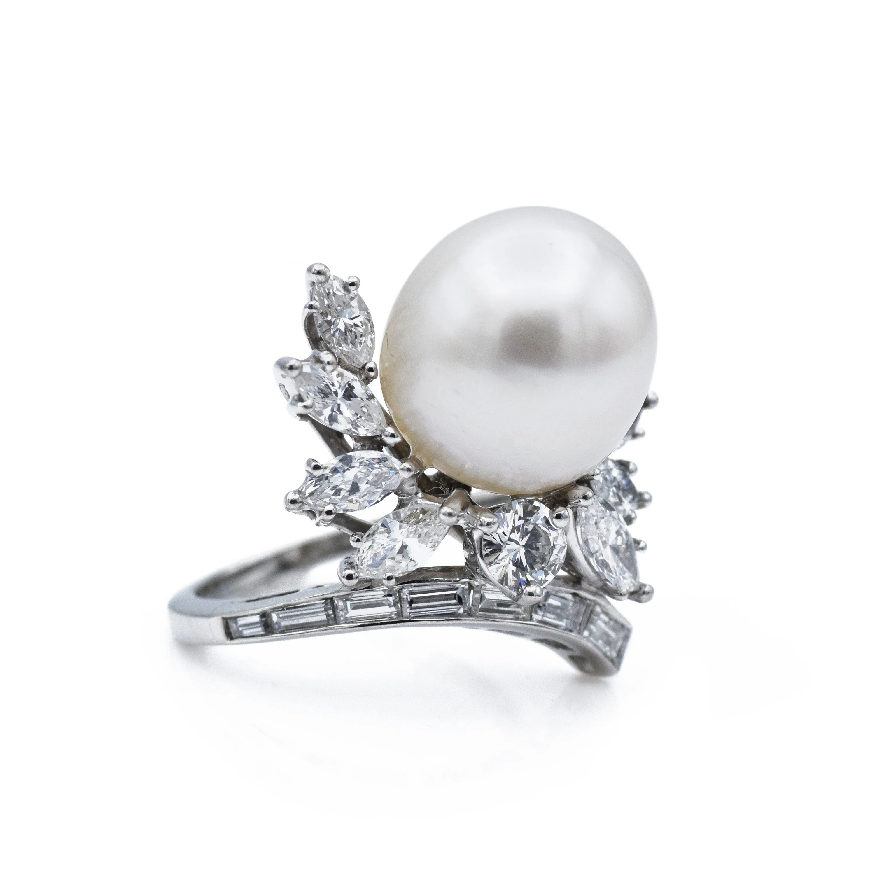 Estate Platinum 13.5mm South Sea Pearl Diamond Cocktail Ring