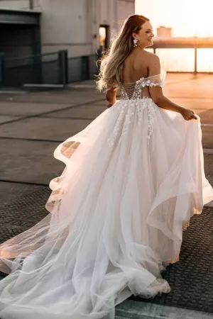 Fabulous Tulle A-line Lace Appliques Off-the-Shoulder Wedding Dresses, MW1096