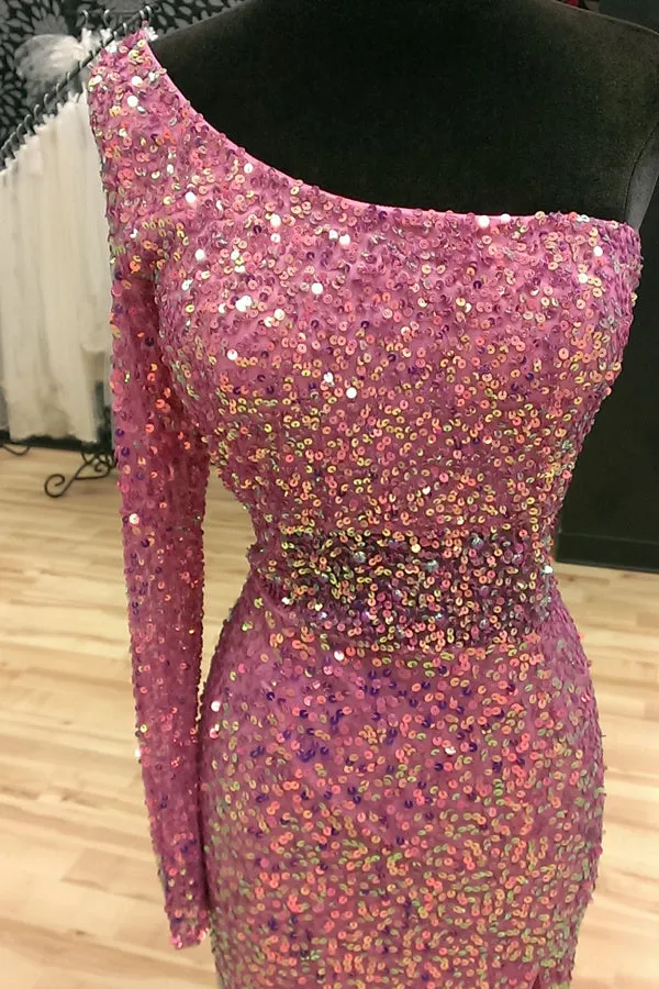 Fancy One-Shoulder Mermaid Illusion Back Prom Dress Evening Gowns LPD068