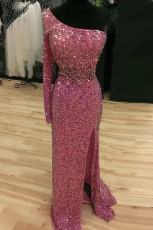 Fancy One-Shoulder Mermaid Illusion Back Prom Dress Evening Gowns LPD068
