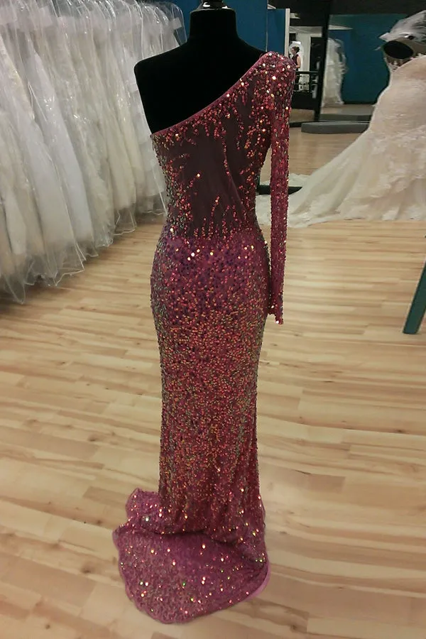 Fancy One-Shoulder Mermaid Illusion Back Prom Dress Evening Gowns LPD068