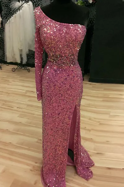 Fancy One-Shoulder Mermaid Illusion Back Prom Dress Evening Gowns LPD068