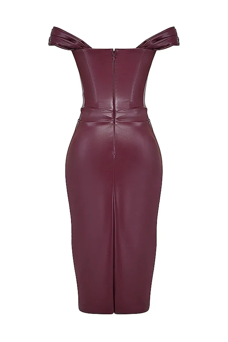 Faux Leather Pleated Neckline Corset Bodycon Cocktail Party Midi Dresses-Burgundy