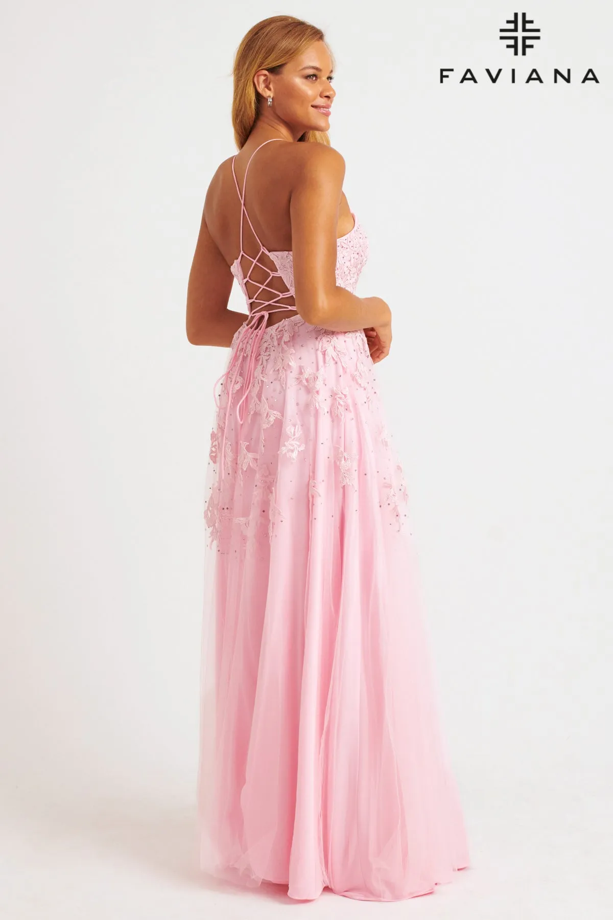 Faviana S10640 Long Lace Deep V Neck Dress With Lace Up Back