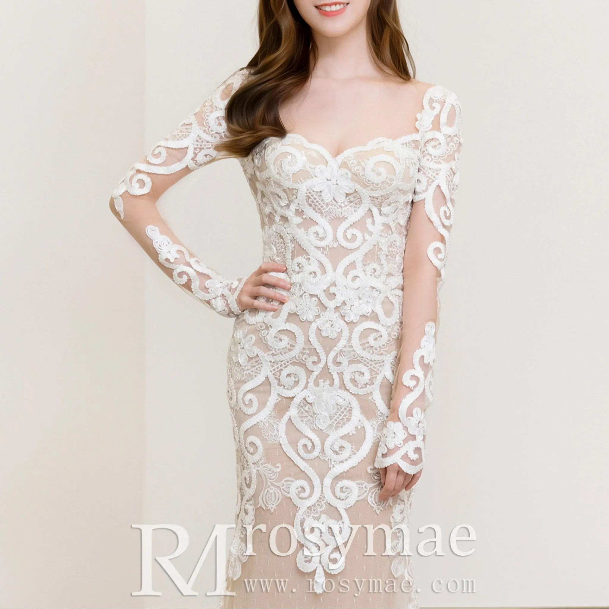 Floral Lace Mermaid Wedding Dress with Sheer Long Sleeve