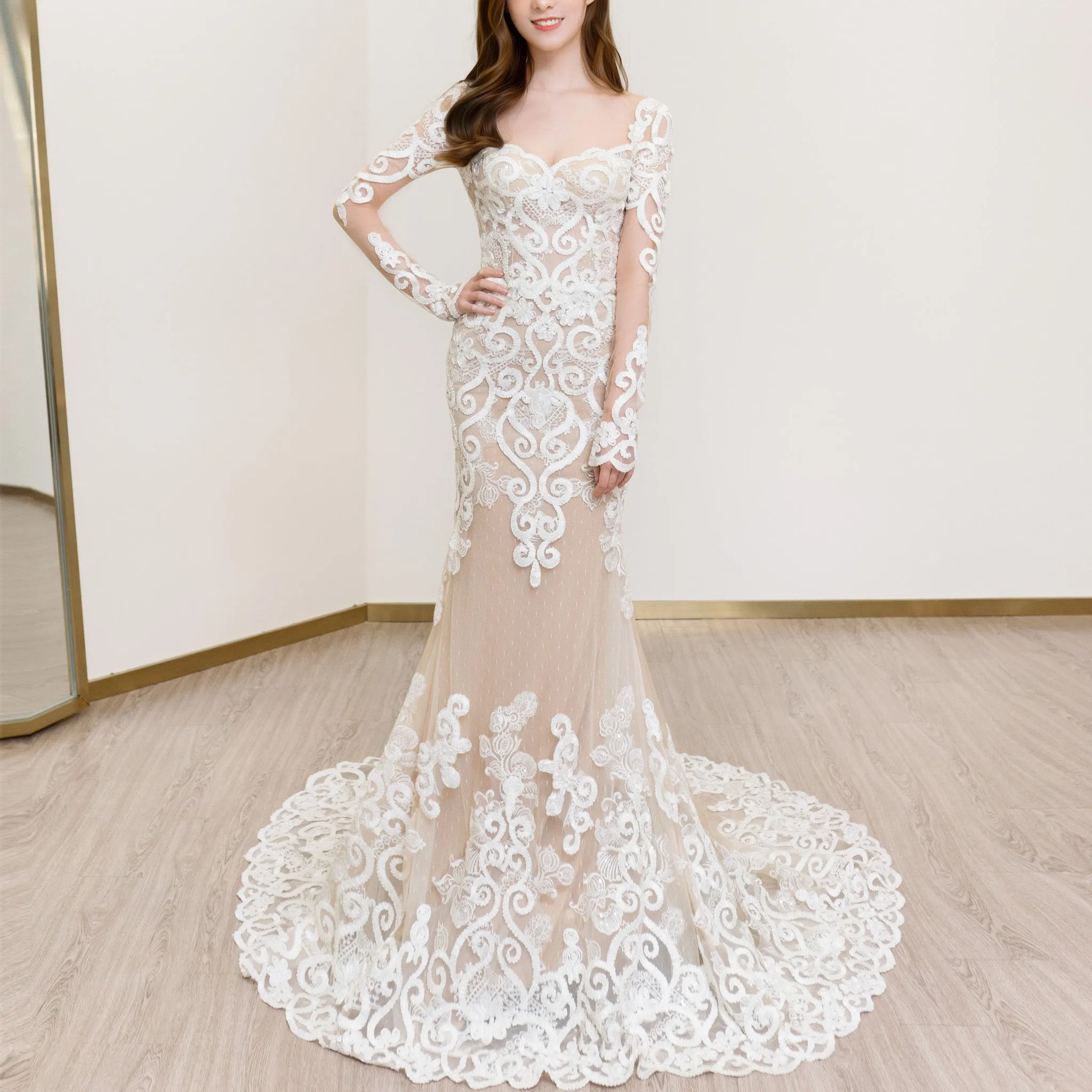 Floral Lace Mermaid Wedding Dress with Sheer Long Sleeve