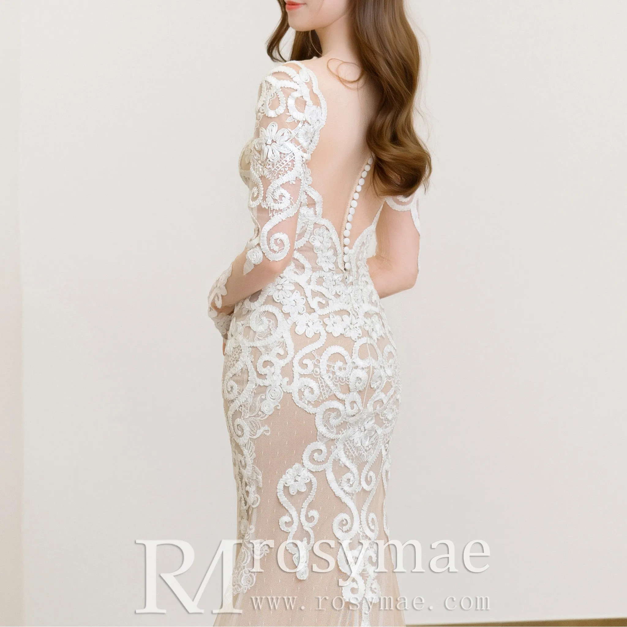 Floral Lace Mermaid Wedding Dress with Sheer Long Sleeve