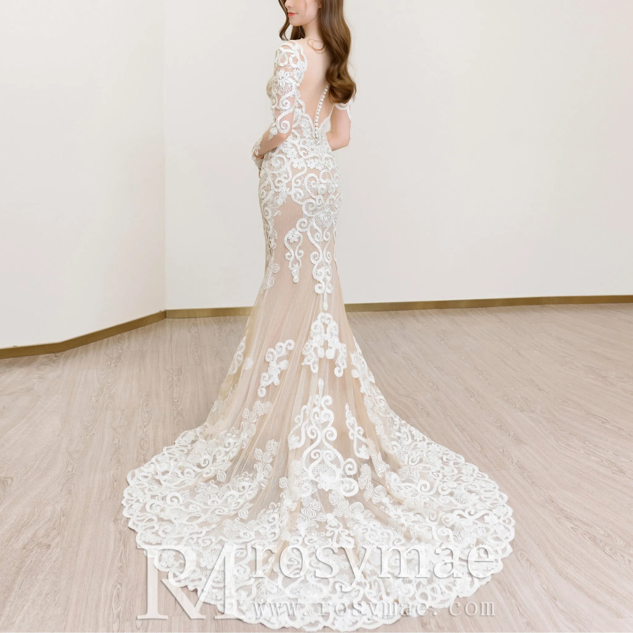 Floral Lace Mermaid Wedding Dress with Sheer Long Sleeve
