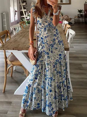 Floral Maxi Dress with Ruffled Sleeves and Tiered Skirt
