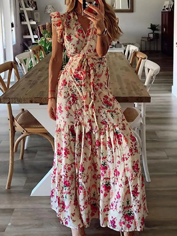 Floral Maxi Dress with Ruffled Sleeves and Tiered Skirt