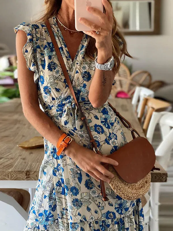 Floral Maxi Dress with Ruffled Sleeves and Tiered Skirt