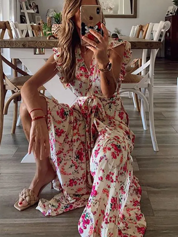Floral Maxi Dress with Ruffled Sleeves and Tiered Skirt