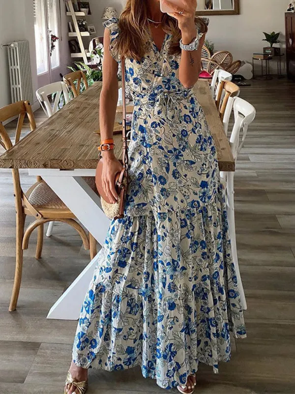 Floral Maxi Dress with Ruffled Sleeves and Tiered Skirt
