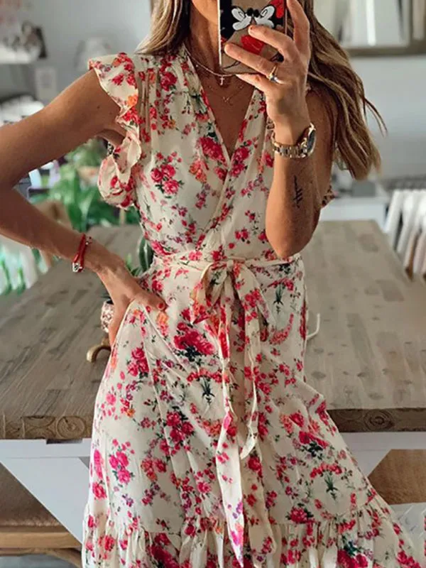 Floral Maxi Dress with Ruffled Sleeves and Tiered Skirt