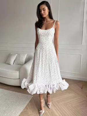 Floral Print A-line Dress with Ruffled Hem and Suspenders