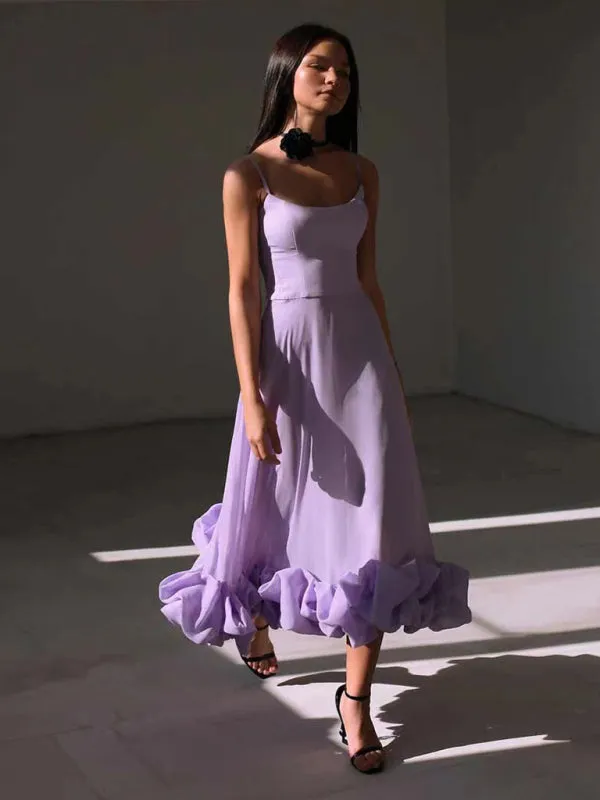 Floral Print A-line Dress with Ruffled Hem and Suspenders