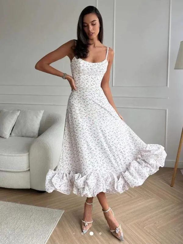 Floral Print A-line Dress with Ruffled Hem and Suspenders