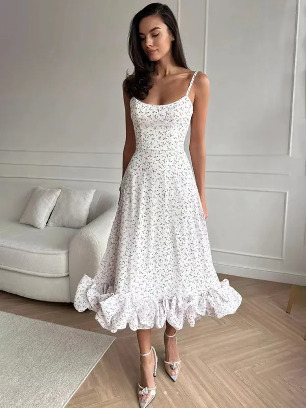 Floral Print A-line Dress with Ruffled Hem and Suspenders