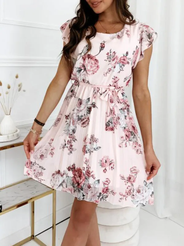 Floral Print Knee-Length Dress with Fluttering Sleeves and Waist Tie
