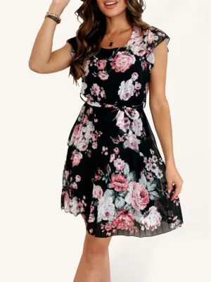 Floral Print Knee-Length Dress with Fluttering Sleeves and Waist Tie