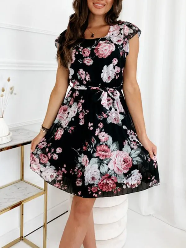 Floral Print Knee-Length Dress with Fluttering Sleeves and Waist Tie