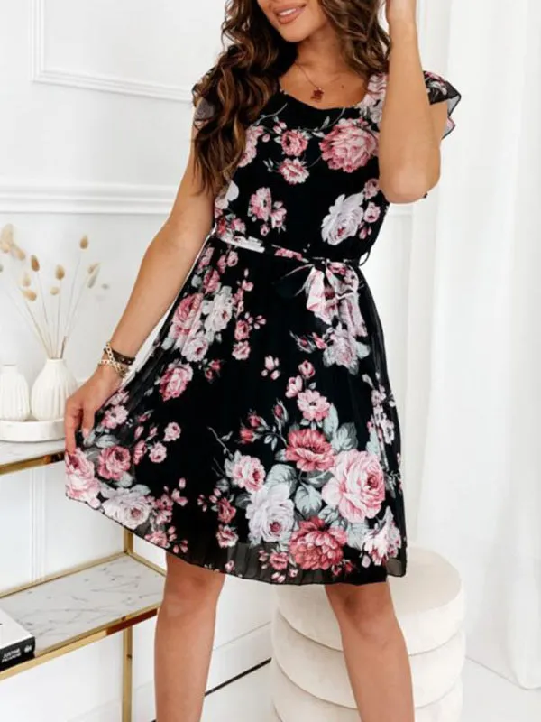 Floral Print Knee-Length Dress with Fluttering Sleeves and Waist Tie