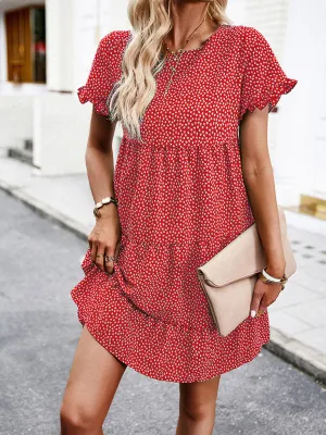 Floral Print Mini Dress with Ruffled Sleeves and Tiered Skirt