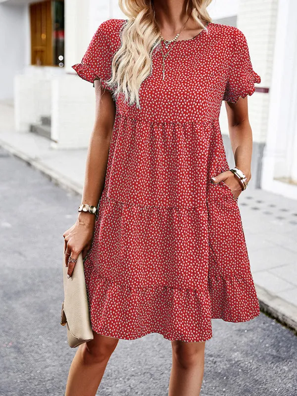 Floral Print Mini Dress with Ruffled Sleeves and Tiered Skirt