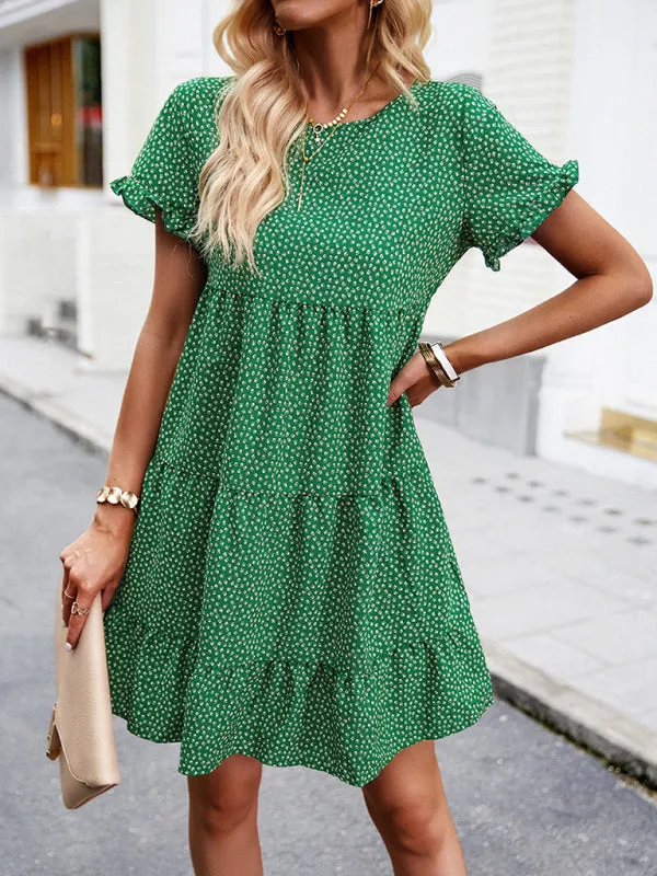 Floral Print Mini Dress with Ruffled Sleeves and Tiered Skirt