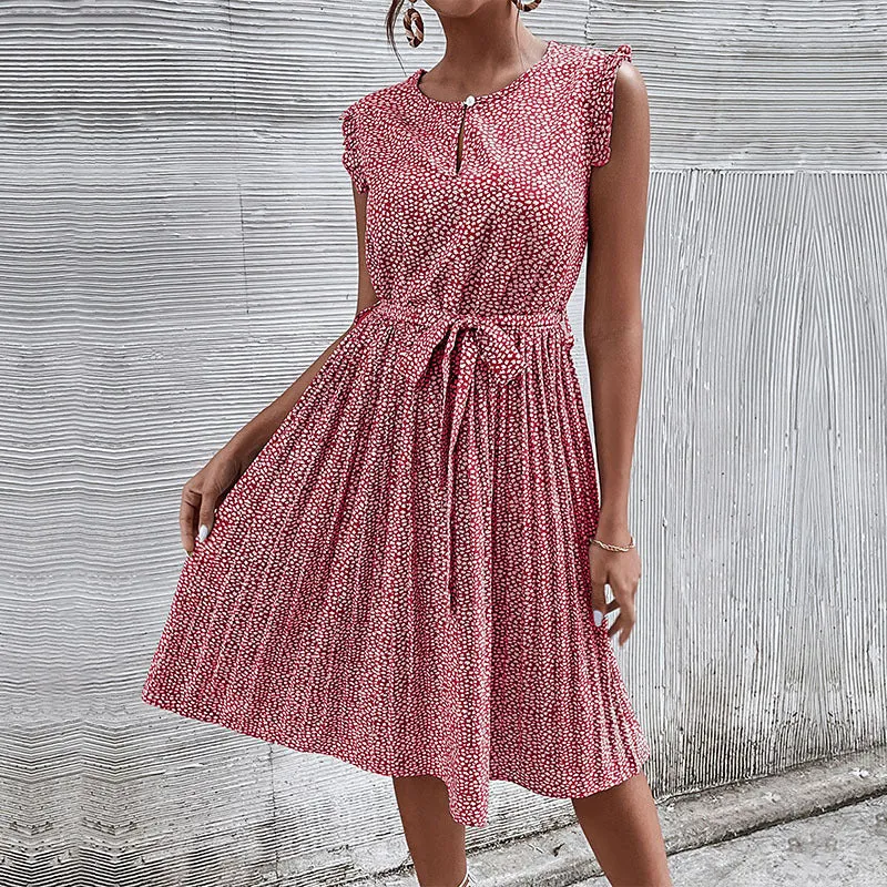 Floral Print Pleated Dress with Lace-Up Waist and Keyhole Neckline