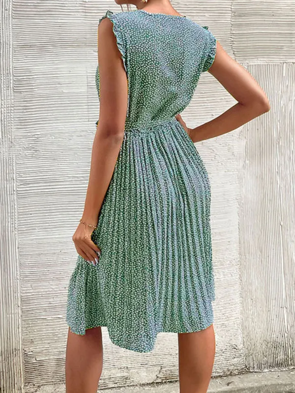 Floral Print Pleated Dress with Lace-Up Waist and Keyhole Neckline