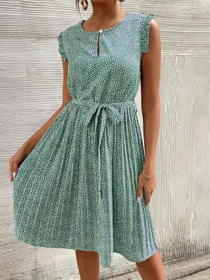 Floral Print Pleated Dress with Lace-Up Waist and Keyhole Neckline