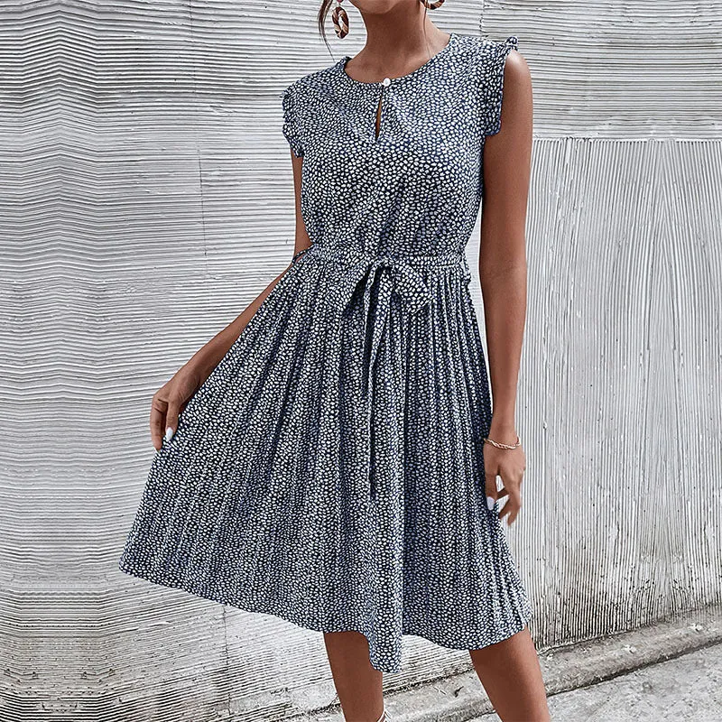Floral Print Pleated Dress with Lace-Up Waist and Keyhole Neckline