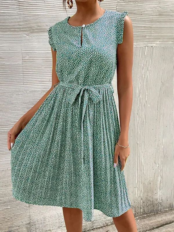 Floral Print Pleated Dress with Lace-Up Waist and Keyhole Neckline