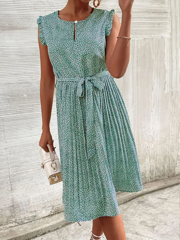 Floral Print Pleated Dress with Lace-Up Waist and Keyhole Neckline
