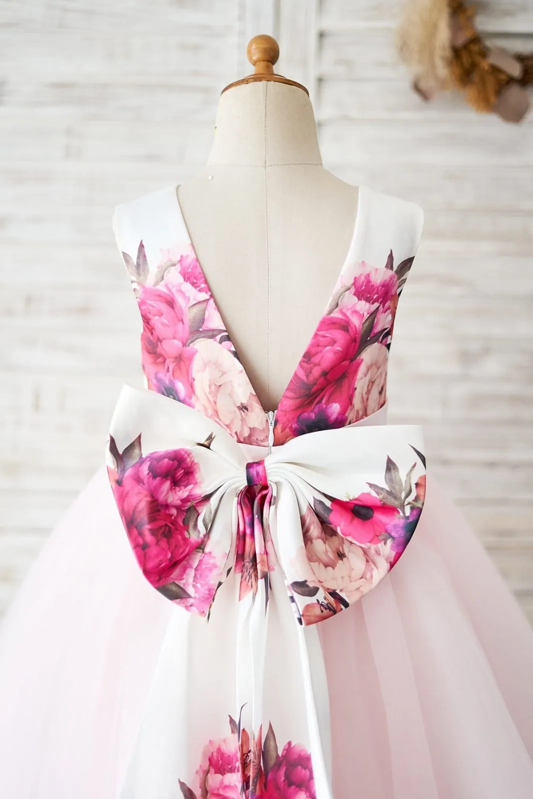 Floral Print Satin Pink Tulle V Back Wedding Flower Girl Dress