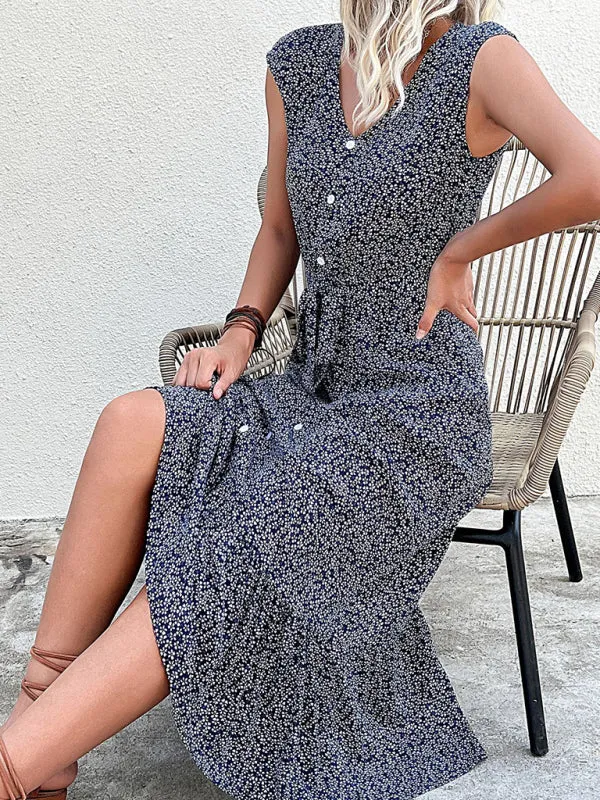 Floral Print Sleeveless Strappy Dress with Button-Down Front