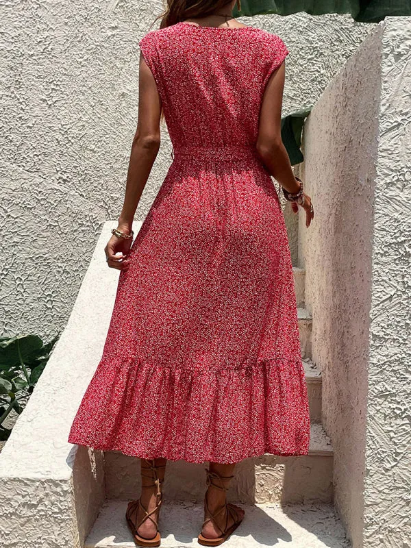Floral Print Sleeveless Strappy Dress with Button-Down Front