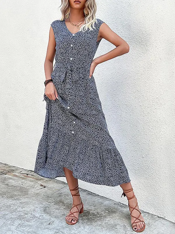 Floral Print Sleeveless Strappy Dress with Button-Down Front