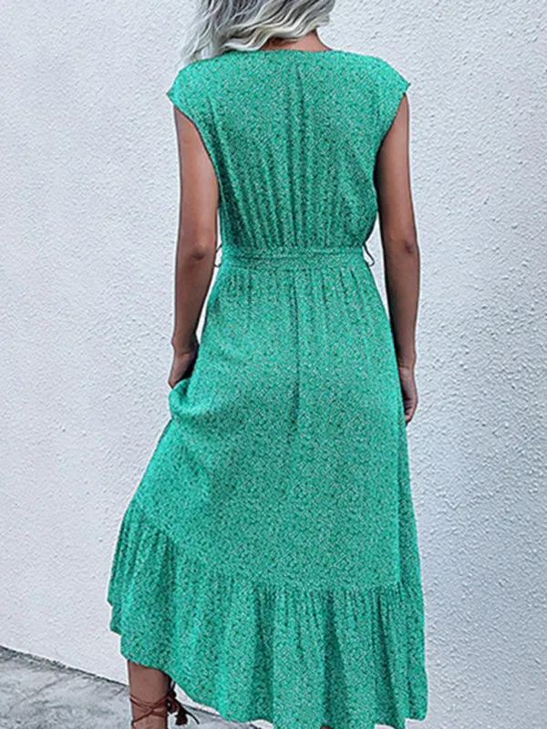 Floral Print Sleeveless Strappy Dress with Button-Down Front